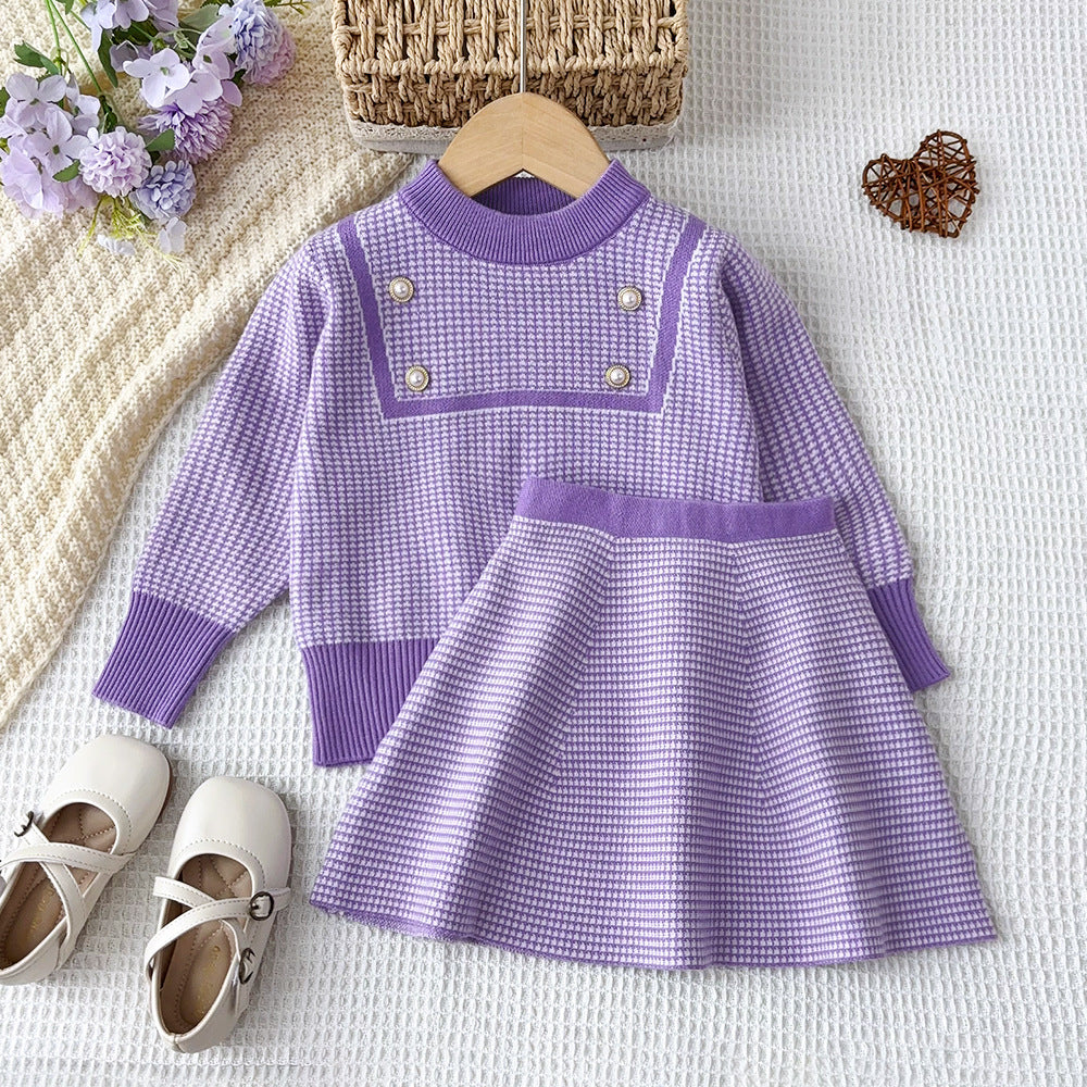 Autumn/winter new korean style girls' sweater set - little girl's simple plaid long-sleeve knit top and skirt two-piece outfit