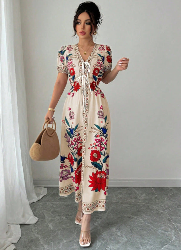 Short-sleeved long skirt fixed printingdress women's summer slimming look suit retro collar palace style waist niche styledress
