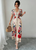 Short-sleeved long skirt fixed printingdress women's summer slimming look suit retro collar palace style waist niche styledress