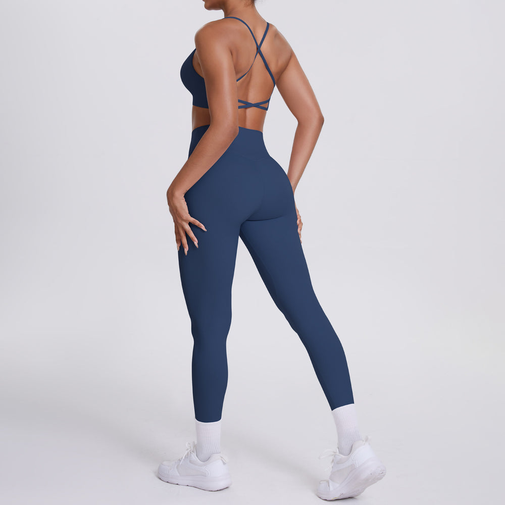 New arrival cross-border fashion double-sided nylon beautiful back tight cross sports yoga suit running fitness two-piece set