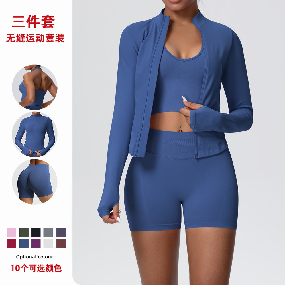 European and american seamless solid color knitted yoga outfit, outdoor casual quick-dry compression sportswear set, running fitness three-piece set