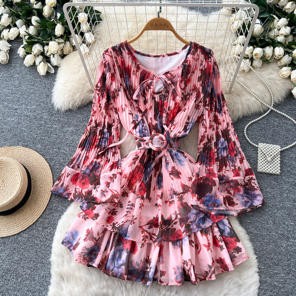 Frenchromantic style v neck strap waist floral dress female summerk-styleslimming lookruffleselegant a-line skirt