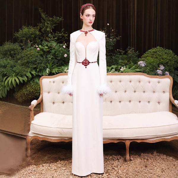 Cross-border European and American women's clothing with diamonds, ostrich hair bandage skirt, evening dress, women's high-end celebrity style Christmas banquet dress