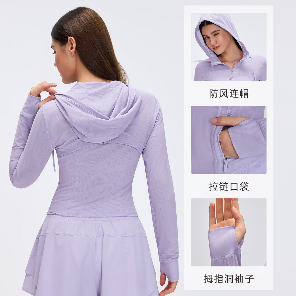 Breathable mesh hooded yoga jacket - women's slim fit, barely-there feel, zip-up running & workout jacket d26056