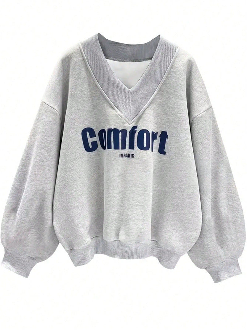 Amazon cross-border e-commerce autumn new arrival: women's gray hoodie - fashionable, casual, loose-fit, versatile v-neck top
