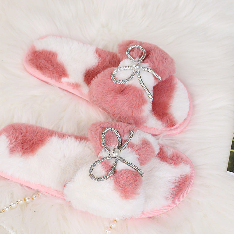 Women's winter cotton slippers with rhinestone detail, fuzzy indoor slippers with bow, home autumn and winter plush warm slippers for women