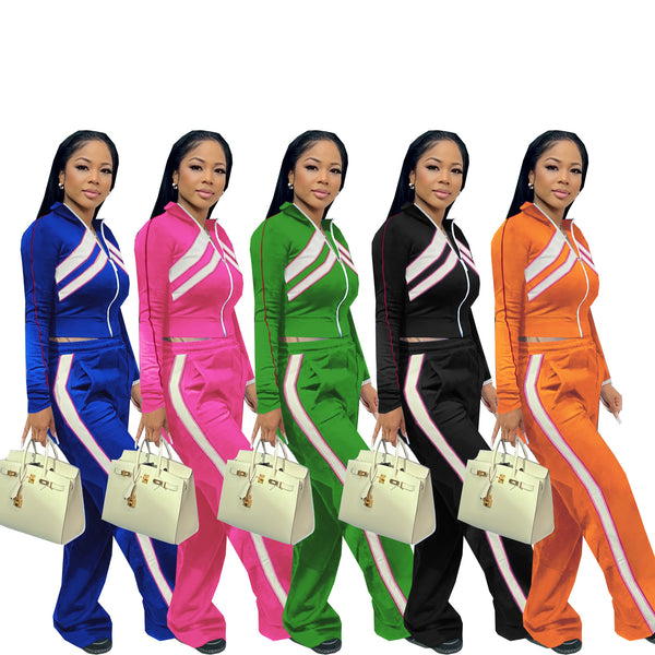 TW554 autumn and winter   women's clothing personalized street zipper contrasting color splicing temperament thin two-piece set
