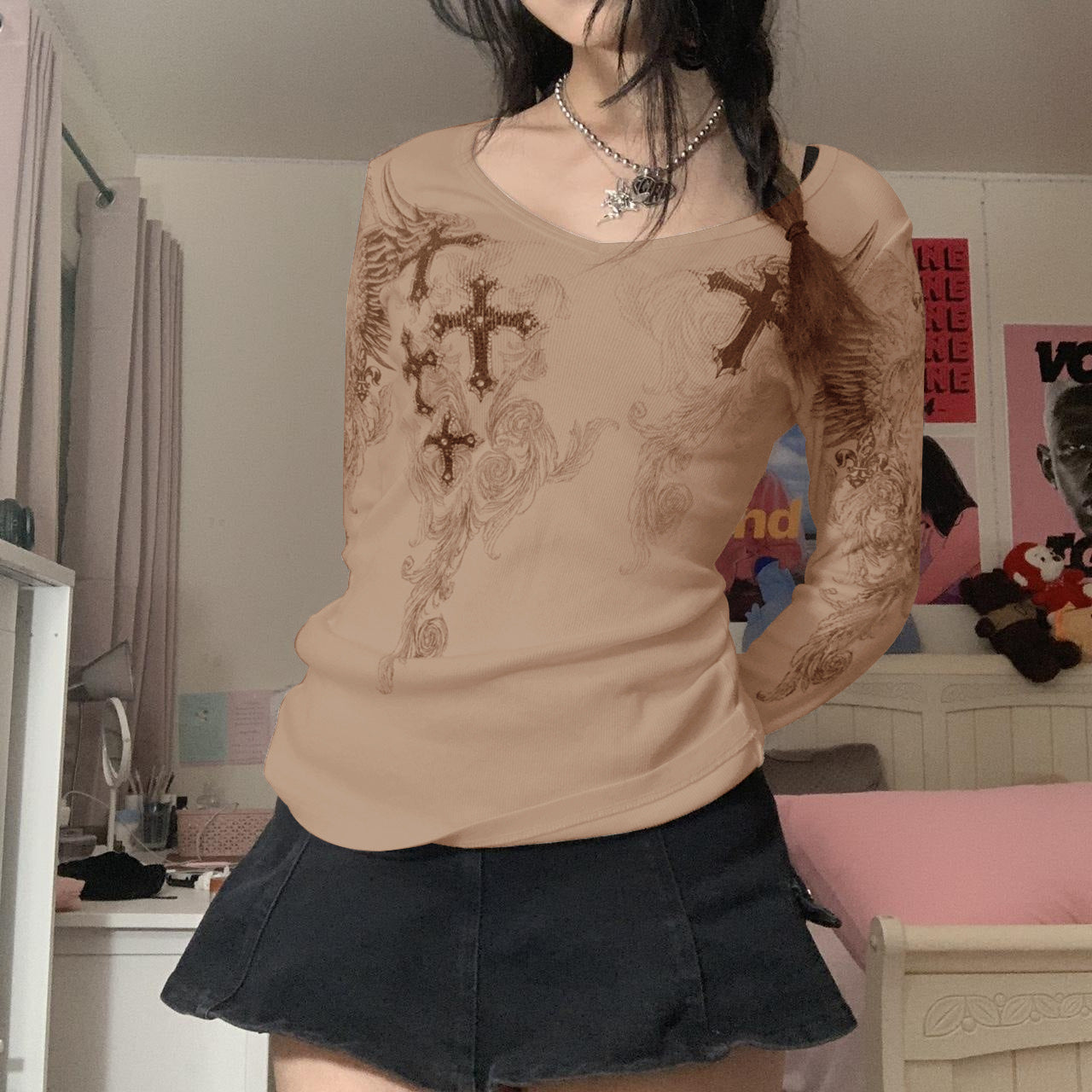 2022 European and American summer new slim-fit ironing printing crew neck women's T-shirt temperament commuting multi-color long-sleeved bottoming shirt