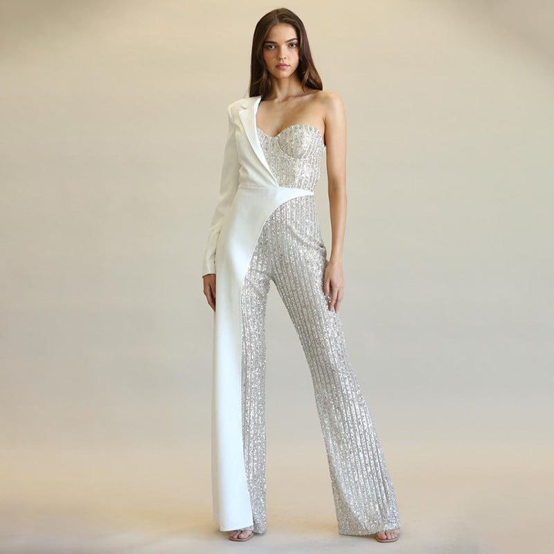 new european and american cross-border e-commerce independent website women's silver sequin patchwork one-shoulder fashion sequin jumpsuit