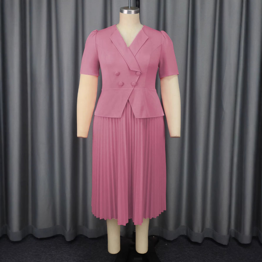 New arrival cross-border work clothingdress lapel short sleeve design double breasted decoration pleated skirt pleateddres