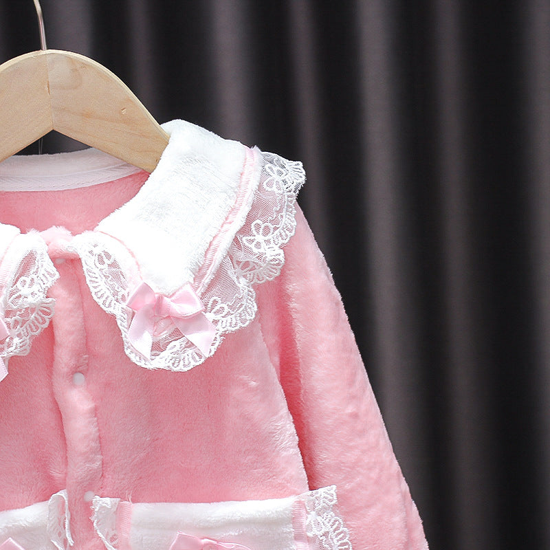 Baby girl's autumn/winter korean style flannel romper - princess style double-layer warm crawling suit for infants