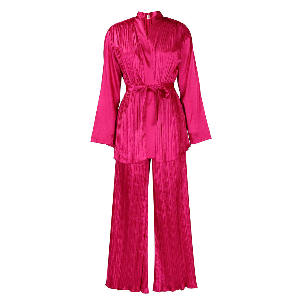 D360 cross-border women's fashion  solid color pleated loose long sleeve tie-up shirt and pants two-piece set - export outfit
