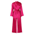 D360 cross-border women's fashion  solid color pleated loose long sleeve tie-up shirt and pants two-piece set - export outfit