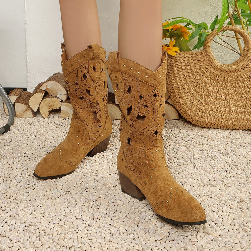 Plus sizeexport rivet pointed toe v-mouth knight boots autum thick heel british style cut out hollow heel knee socks boots for women