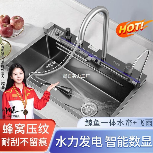 鲸鱼双瀑布不锈钢加厚水槽钢琴按键数dz显多功能加厚厨房洗菜池