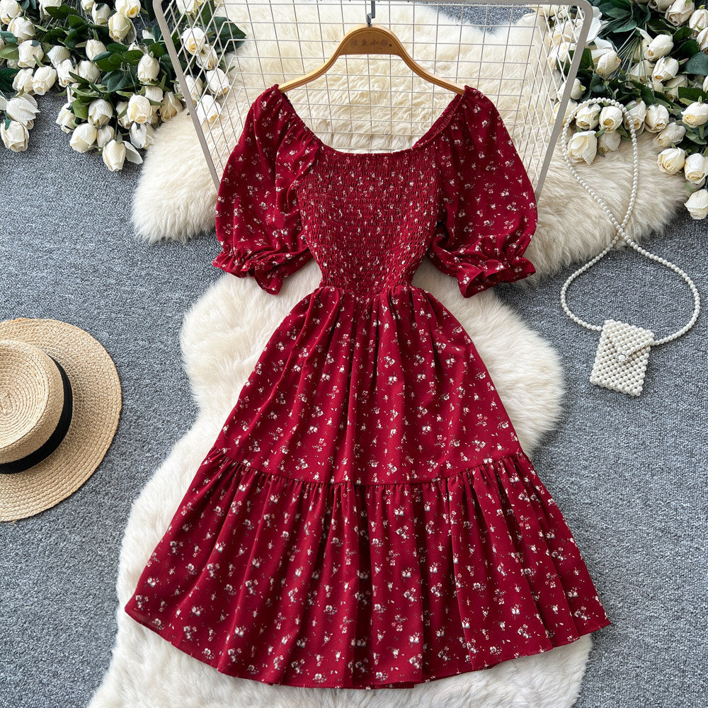 Korean style red floral print shirred waist pleated dress - women's summer puff sleeve square neck high waist a-line dress - romantic & chic