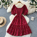 Korean style red floral print shirred waist pleated dress - women's summer puff sleeve square neck high waist a-line dress - romantic & chic