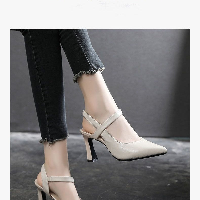 Pointed sandals women's small size bag head soft leather summer 2024 new middle heel empty soft leather fine heel spring and summer women's shoes