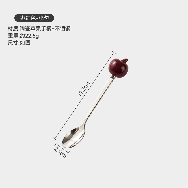 Colorful apple fork and spoon set - creative spoons with stainless steel and ceramic handles for fruit, coffee, cake, and desserts - wholesale