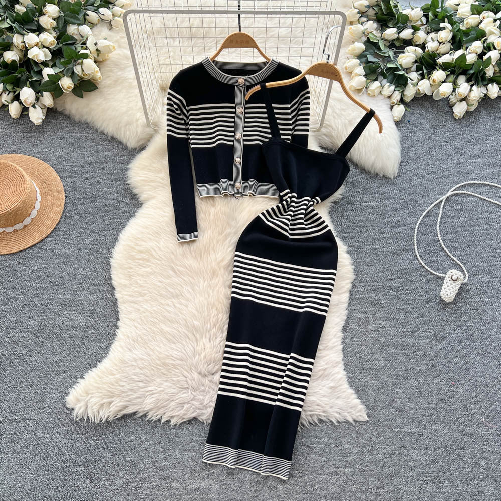 Autumn outfit set for women: high-end, fashionable color block striped knit cardigan with cinched waist cami bodycon dress