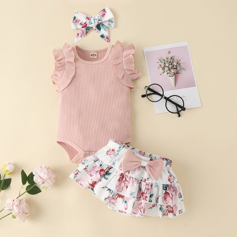 Children's summer kids khaki bag butt skirt girl vest cotton edge floral skirt bows infant short sleeve