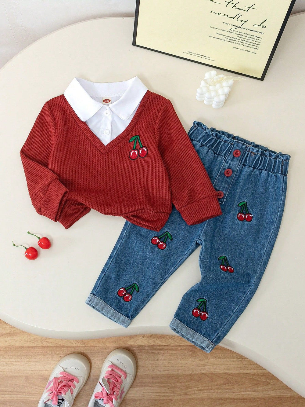new spring cross-border textured lapel patchwork top + heavily embroidered cherry denim pants set