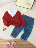 new spring cross-border textured lapel patchwork top + heavily embroidered cherry denim pants set