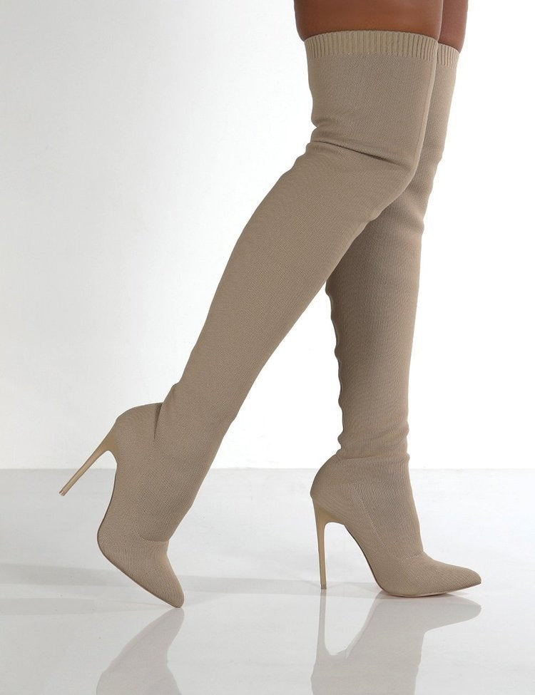 2026 spring new arrival: plus size women's boots - stretch boots, retro stiletto high heels, knitted over-the-knee boots