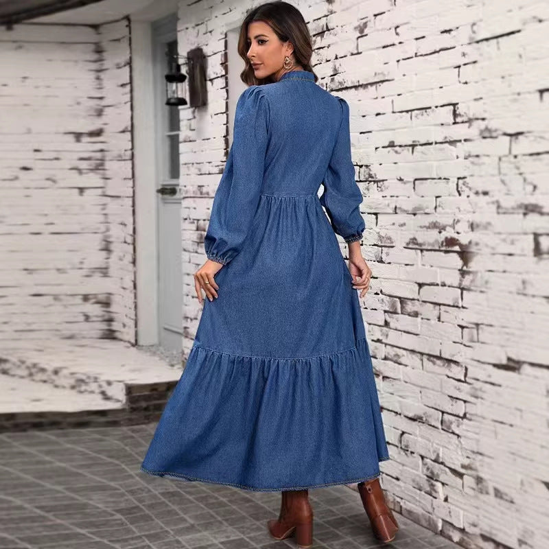 european and american new arrival: high-end denim long-sleeve fashionable fitted waist dress for women - perfect for  and independent cross-border e-commerce stores
