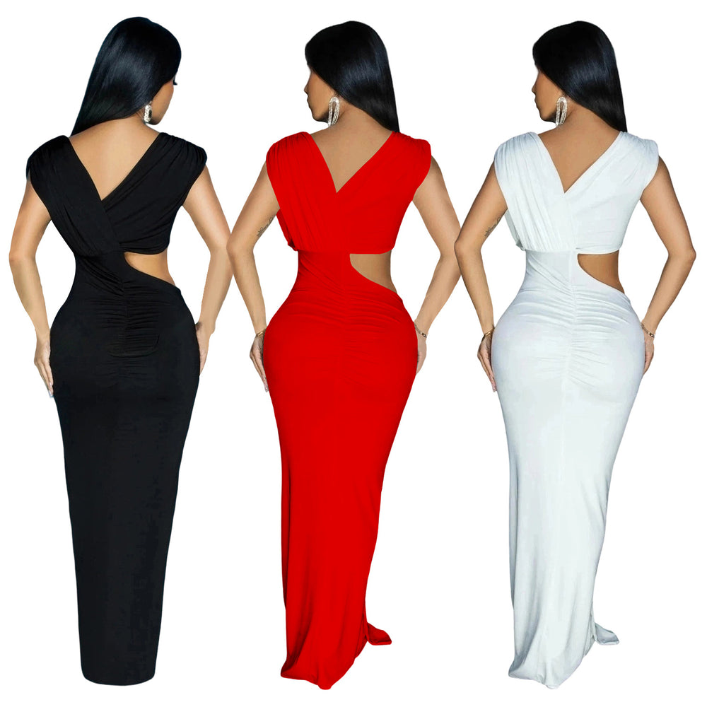 C7061 cross-border   independent station fashionable women's solid color sleeveless deep v dress new arrival