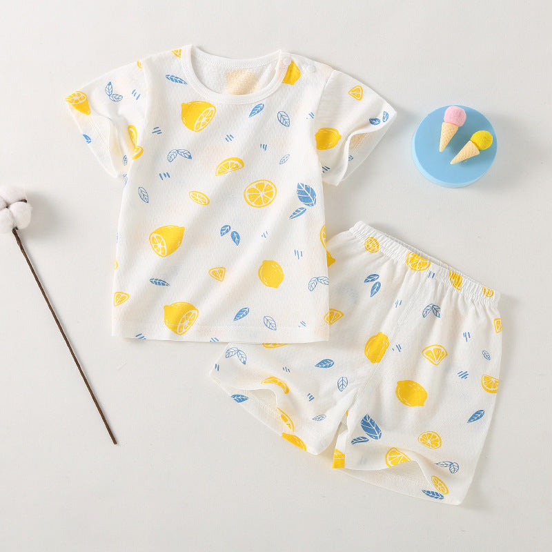 Baby short-sleeve set, one-year-old summer outfit, girls' ice silk top and shorts, lightweight summer two-piece set, 100% cotton