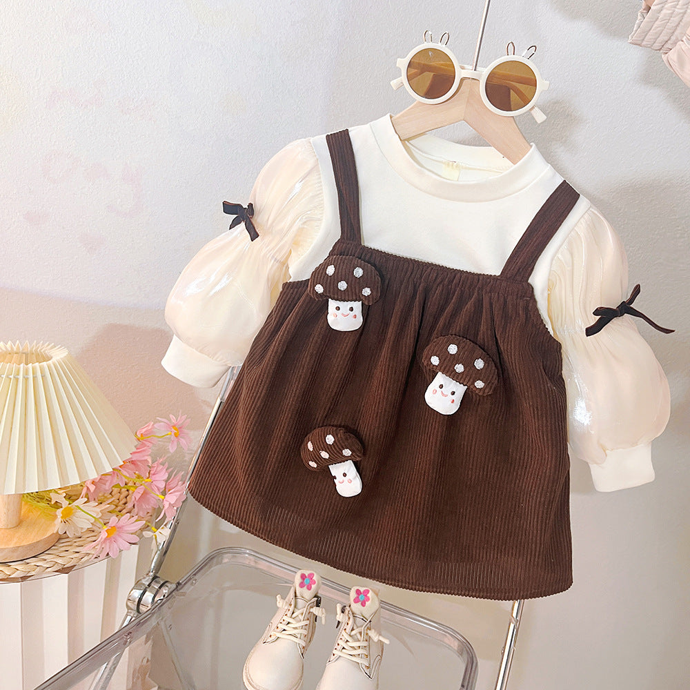 Kids cute dressspringnew arrivalfashion style korean version little girl outwearfake two-piece suspender patchwork skirt