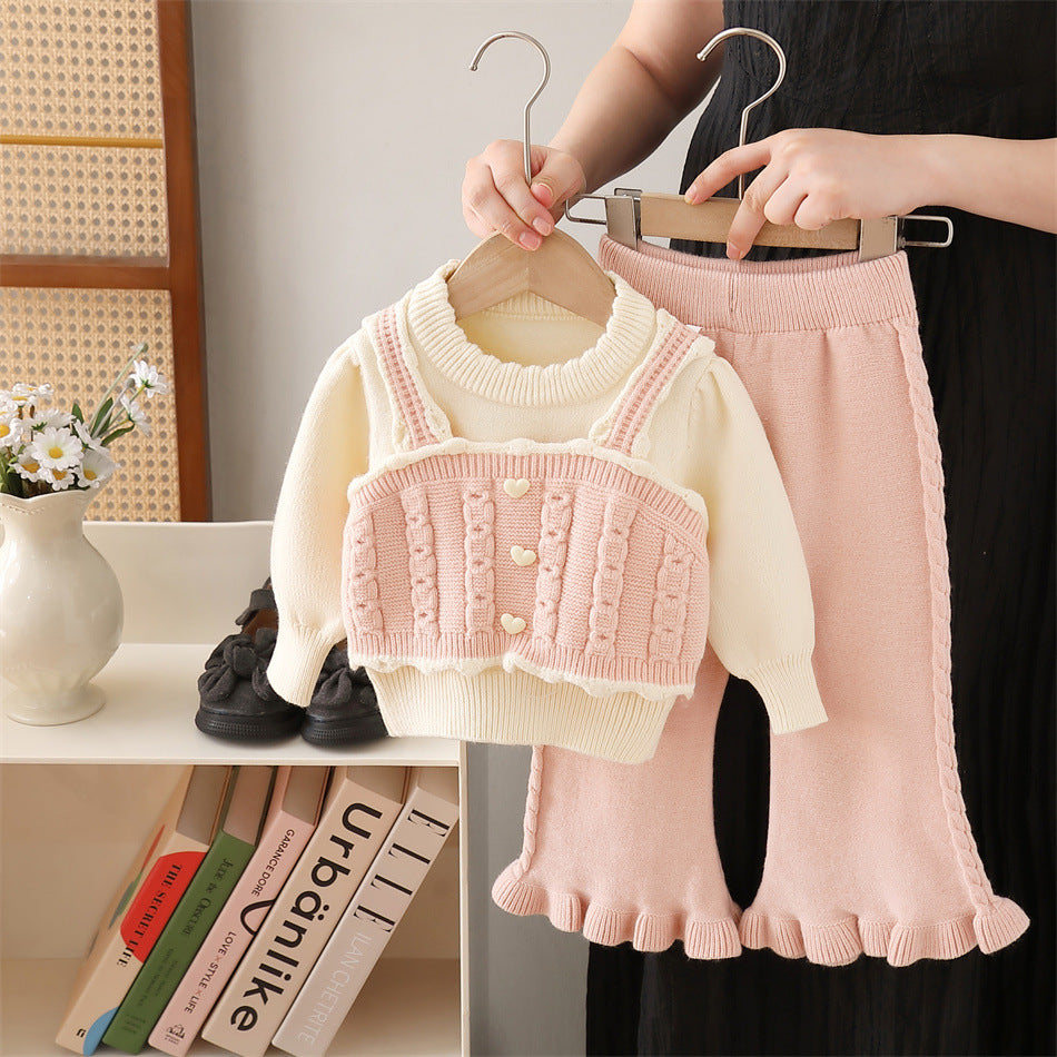 Girls' knit sweater set - new  collection: handmade flower pom-pom detail, includes pants