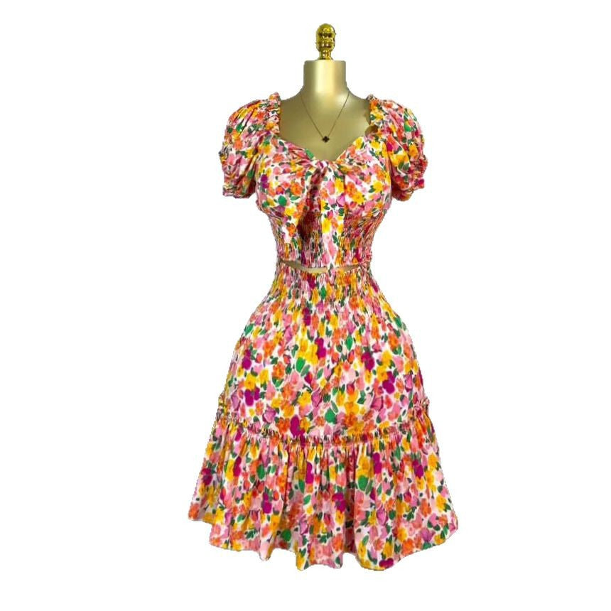 Printed floral shirred waist bow tie sexy european and american african  set skirt and top