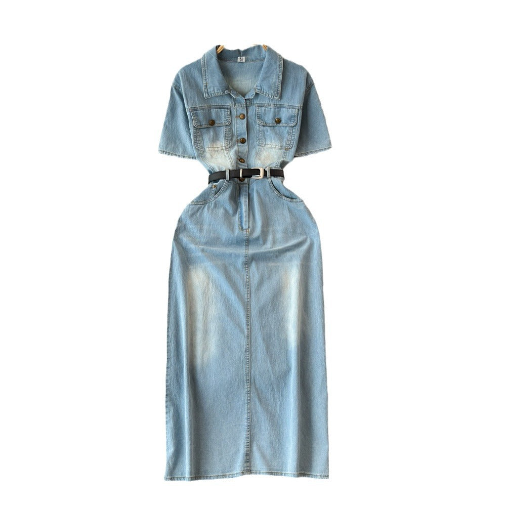 Vintage hong kong style denim dress - women's  summer new arrival - high-end, elegant, slimming, mid-length dress with cinched waist
