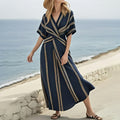 cross-border fashion: european & american summer new arrivals - women's stylish vacation v-neck short sleeve striped ruched maxi dress