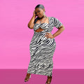 european and american dresses:  sexy women's clothing - black and white print tie-waist short sleeve butt-lifting zipper maxi dress