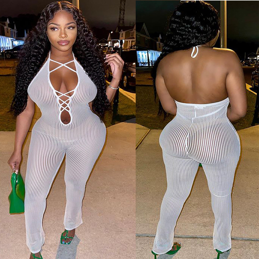 fashion cross-border supply  sexy breathable mesh pit milk silk sleeveless jumpsuit women's clothing