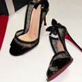 2026 new fish mouth patent leather lace bow red sole high heels stiletto heel hollow-out french style women's summer pumps
