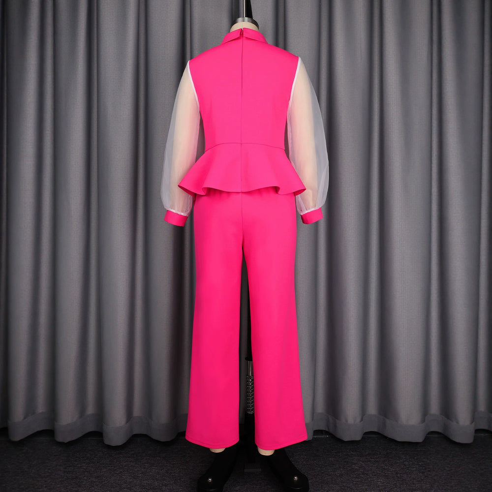 Autumnew arrival color matching casualtwo-piece set work clothing mesh patchwork lapel waist rufflestopsstraight-leg pants