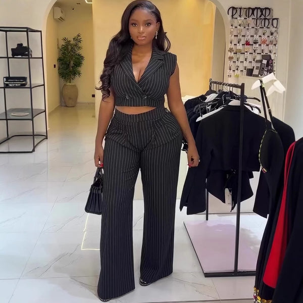 European and American women's clothing striped V-neck sleeveless vest top casual trousers African temperament elegant and fashionable two-piece set women
