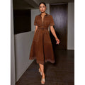 fashionautumretro lapel casualpatchwork button flap pocket pants design silm short-sleeved dress
