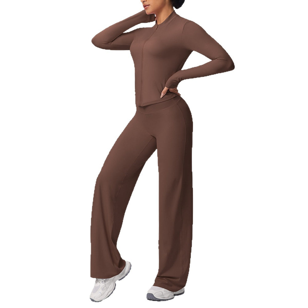 New arrival: solid color brushed fleece breathable zip-up jacket & wide-leg yoga pants set - perfect for running, fitness, and activewear