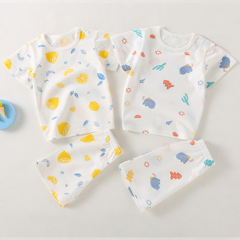 Baby short-sleeve set, one-year-old summer outfit, girls' ice silk top and shorts, lightweight summer two-piece set, 100% cotton