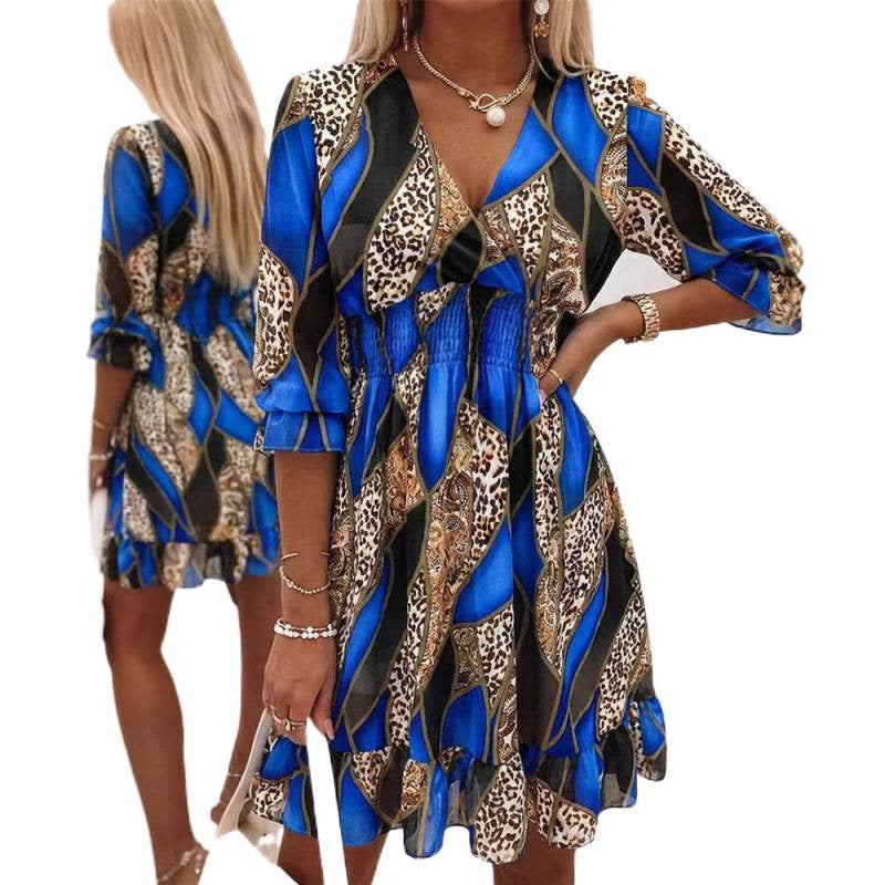 Amazon color block patchwork tiered v-neck flared sleeve a-line casual ruched waist ruffle chiffon dress for women
