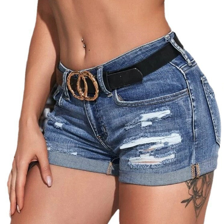 European and american denim shorts: new arrivals, hot-selling, fashionable, versatile, distressed, rolled hem, capri length, washed and ripped denim shorts