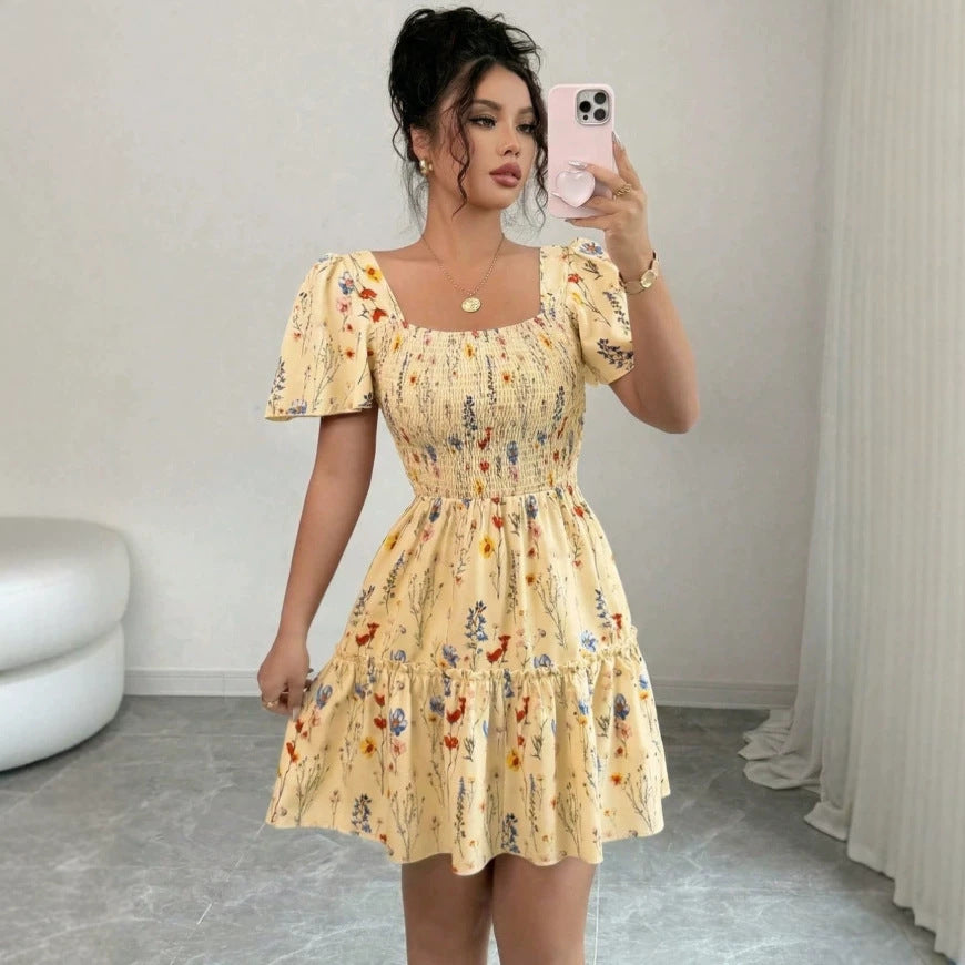 new european and american style women's floral print ruched sleeveless v-neck cinched waist backless maxi dress - perfect for vacation