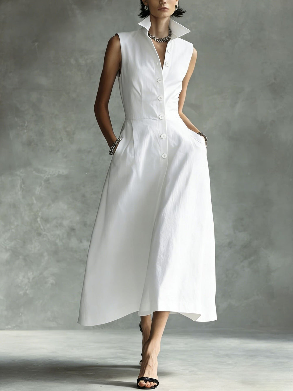 European and american cross-border independent station  summer new fashion casual stand collar elegant trendy button-down dress