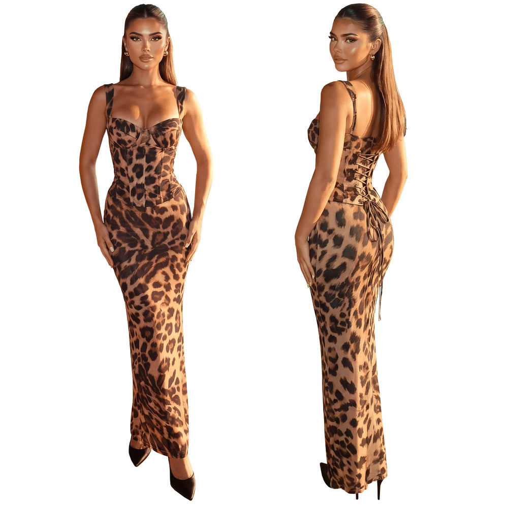 C7788 cross-border  new women's leopard print cami fishtail dress - vacation vibes, sexy bodycon mini dress