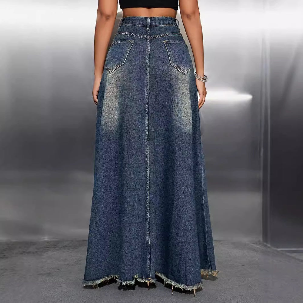 Pre-sale-15350# cross-border fashion foreign trade women's retro washed versatile denim skirt long skirt